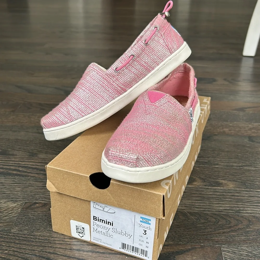 TOMS Bimini Peony Slubby Metallic Pink YOUTH 3 Girls Glam/Shimmery/ Glitter Boat
